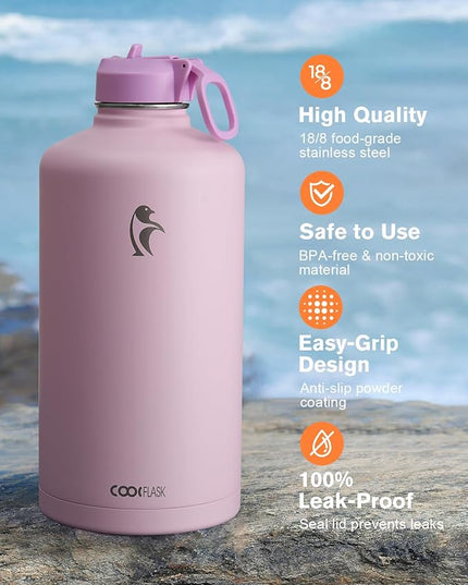 Coolflask 128 oz Gallon Water Bottle Insulated with Straw&3 Lids, Water Jug Large Stainless Steel Metal Vacuum Wide Mouth for Sports, Gym or Office, Non-BPA Keep Cold 48H Hot 24H, Pink