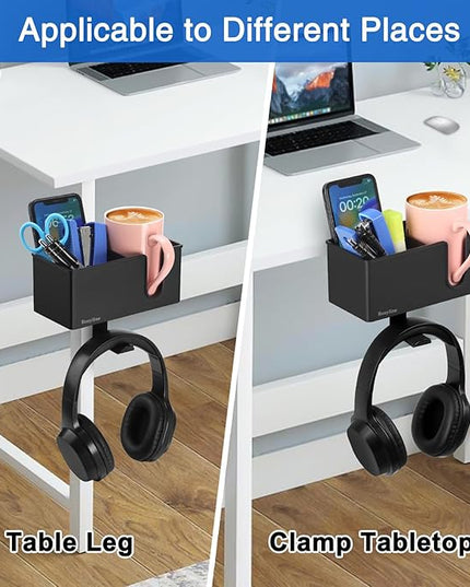 ROSLINE 3-in-1 Clip-on Desk Organizer - Pen, Headphone, and Cup Holder for Expanding Office and Gaming Space (Black)