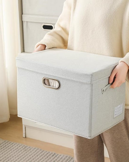 PRANDOM Large Collapsible Storage Bin with Lid [1-Pack] Fabric Foldable Storage Box Organizer Container Basket Cube with Cover for Home Bedroom Closet Office Beige (17.3x11.8x11.8)