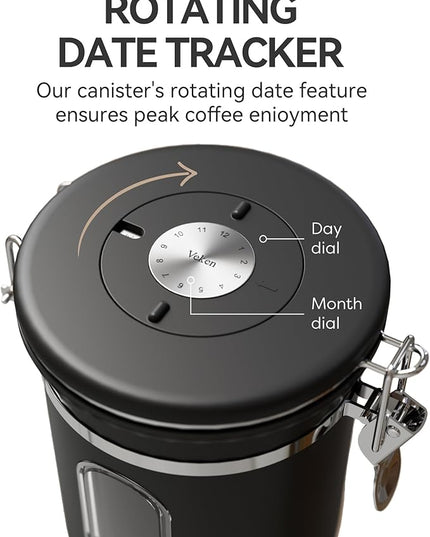 Veken Coffee Canister with Window, Airtight Stainless Steel Kitchen Food Storage Container with Lids, Date Tracker and Scoop for Grounds Coffee, Beans, Tea, Flour, Cereal, Sugar Jars, 16OZ, Black