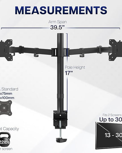 VIVO Dual Ultrawide Monitor Desk Mount, Heavy Duty Fully Adjustable Steel Stand, Holds 2 Computer Screens up to 38 inches and Max 10kg Each, Black, STAND-V038
