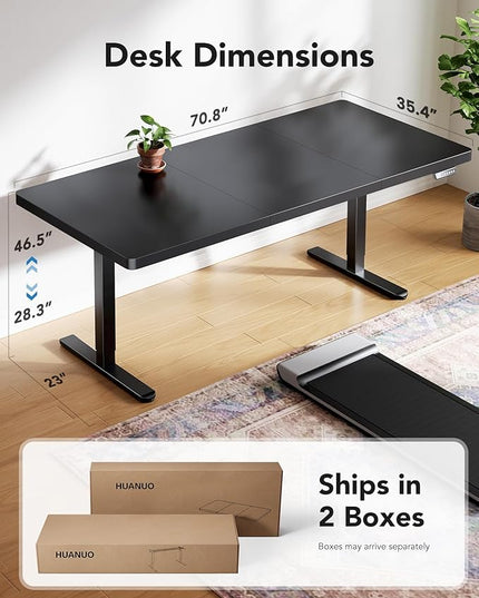 HUANUO Electric Standing Desk, 71 x 35 inch Large Height Adjustable Table, Powerful Brushless Motor, 4 Memory Preset, Sit Stand Up Desk, Home Office Computer Table with Thick T-Shaped Frame