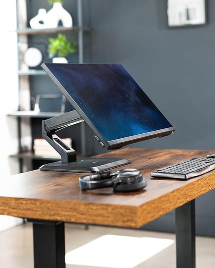 VIVO Premium Single 17 to 32 inch VESA Monitor and Touch Screen Desk Stand with Rotating Base, Freestanding Pneumatic Height Adjustable Arm, 12 inch Maximum Screen Height, Black, STAND-V001R