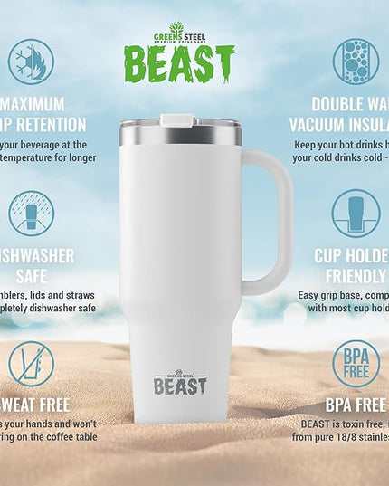Beast 42 oz Tumbler with Handle Stainless Steel Vacuum Insulated Coffee Ice Cup Double Wall Travel Flask (Arctic White)