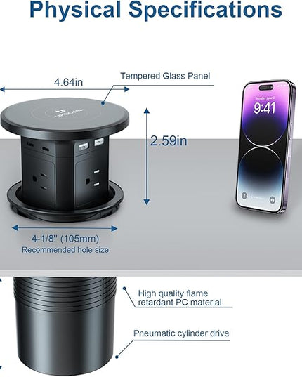 9-in-1 Pop-Up Outlet with Wireless Charging – 4 AC & 4 USB Ports, 2500W Overload Protection, 100-240V Global Voltage, 4-1/8" Cutout – Hidden Countertop Power Hub for Kitchen, Office, etc.（2-Pack）