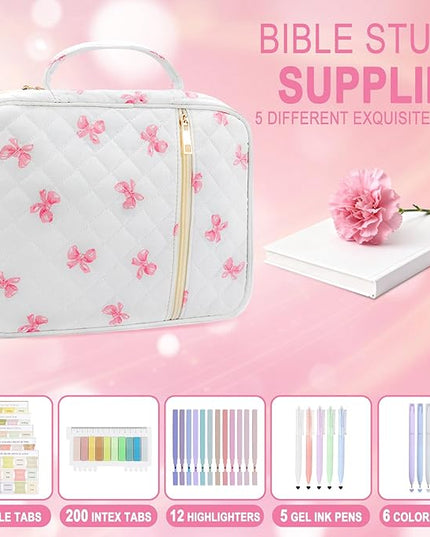 Lestp Bible Cover Case Study Supplies for Women Gifts Large Bible Cover with Highlighters Pens Tabs Cute Quilted Carrying Case Journal Kit Accessories Christian Gifts Sticky Notes C