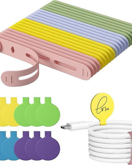 32Pcs Nearockle Cable Labels and Silicone Cable Ties Value Cable Management Set, 20 Cable Ties+12 Cord Labels for Electronics, Travel Home Office Desk Wire Organization(Multicolor)