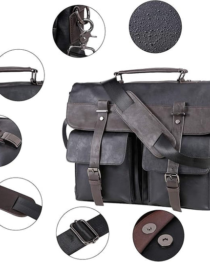 seyfocnia Men's Vintage Black 17.3 Inch Water Resistant PU Leather Laptop Bag, Messenger Bag, Satchel, Briefcase