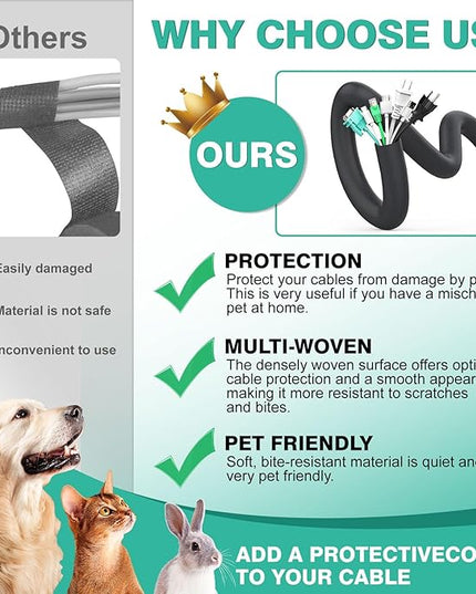 UOMTFAI Dog Cat Cord Protector 10ft - 1/2inch, Flexible Cable Sleeve for Easy Cord Management, Protects Cables from Pets Chewing, Ideal for USB, Power, Audio and Video Cords - Black