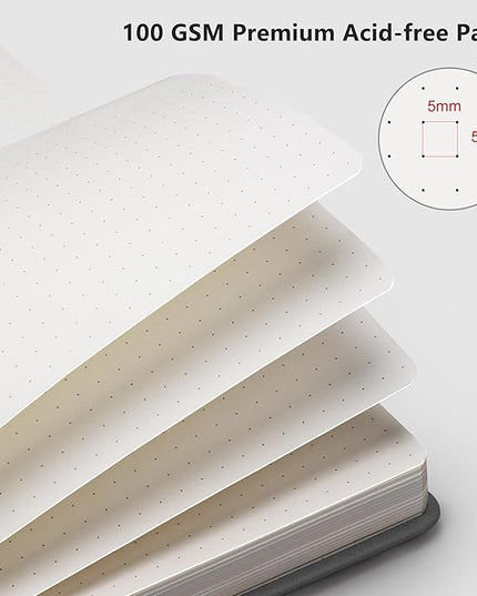 RETTACY Bullet Dotted Journal Notebook, 192 Pages, A5 Medium Size (5.7'' x 8.3''), Leather Hardcover, 100 GSM Thick Paper, for Bullet Journaling, Planning, Tracking (Gray)