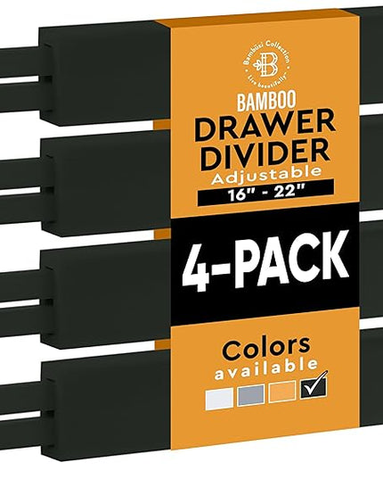 Bambüsi 4 Pack Drawer Dividers - 2.6" High, 16-22" Adjustable Drawer Bamboo Organizers for Clothes, Expandable Dresser Separators in Bedroom/Bathroom/Kitchen/Office Organization and Storage (Black)