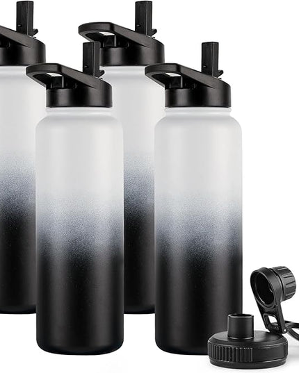 DOMICARE 40 oz Insulated Water Bottle Bulk, Vacuum Insulated Stainless Steel Sports Water Bottle with Straw Lid & Spout Lid, Leakproof, Reusable - Travel, Camping, Bike, Black White Gradient (4 Pack)