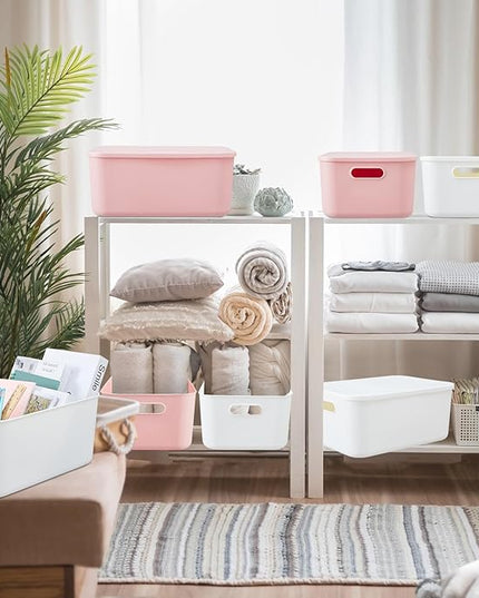 Hoolerry 8 Pieces Colorful Storage Bins with Lid, Plastic Storage Basket Organizing Container Stackable Box with Handle for Shelves Desktop Playroom Office(13.8 x 9.8 x 5.9 Inch,White and Pink)