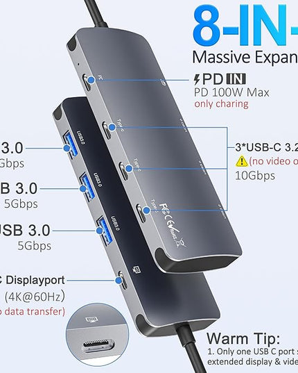10Gbps USB C Hub with 4K@60Hz Video Display, 8 in 1 USB C Splitter with 3x10Gbps Type-C, 100W PD-in Charging, 3x5Gbps USB A, Dongle Multiport Adapter for MacBook Pro, iPad, Dell, HP, and More