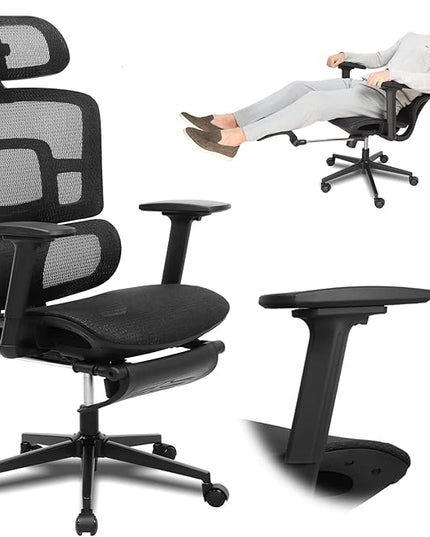 Ergonomic Office Chair with Footrest, Big & Tall, 4D Adjustable Armrests, Comfy Swivel Rolling Mesh Computer Desk Chair with Lumbar Support, Wheels for Office, Home, Gaming, Elite S2