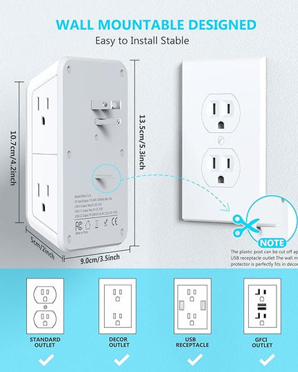 JcBlaon Multi Plug Outlet Surge Protector, Wall Charger with 6 Outlet Splitter with 4 USB Ports(PD 20W), 3-Sided 1050J Surge Protector Power Strip for Home Office Dorm Room Essentials