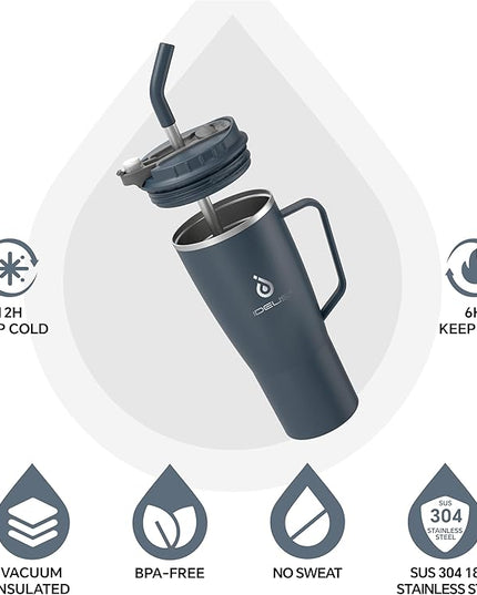 Ideus 32 oz Tumbler with Handle and Straw, Vacuum Insulated Stainless Steel Travel Mug, 100% Leakproof, Cup Holder Friendly, Navy Blue