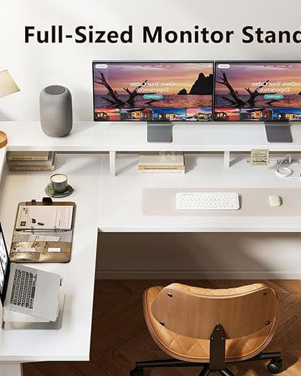 AODK Electric L Shaped Standing Desk, 59 Inch Height Adjustable Stand Up Desk with Power Outlets ＆ Full Monitor Stand, Reversible Corner Desk for Home Office ＆ Computer Workstation, White