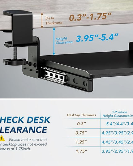 AX WABER Keyboard Tray Under Desk Pull Out with 3 Height Adjustable Extra Sturdy C Clamp Mount System, 32.8 (38 inch Including Clamps) x 12 Inch Slide-Out Platform Computer Drawer for Typing