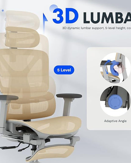 FLEXISPOT ErgoX Premium Ergonomic Office Chair with Footrest- Adjustable 3D Armrests, Dynamic Lumbar Support, Recline & Tilt Function, Mesh Seat, for Home & Office Use,Cream
