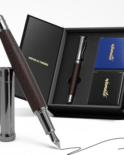 WEMATE Fountain Pen Set, Fine Nib with 20PCS 2.6MM Ink Cartridges(10 Black&10 Blue),1 Ink Converter, Nice Luxury pen for Men, Women, Cool Wooden Fountain Pen for Writing, Journaling, Calligraphy
