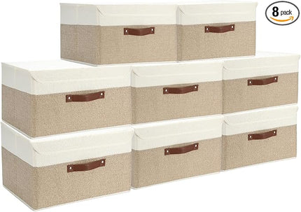 8 Pack Decorative Storage Bins Containers Fabric Bins with Lids Storage Baskets Bulk for Shelves Drawers, Desktop, Closet, Playroom, Classroom, Office, Bedroom, (15INx10INx10IN, Beige/White)