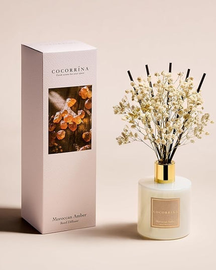 COCORRÍNA Reed Diffuser - Moroccan Amber 6.7 Fl.oz Reed Diffuser Set with Sticks & Preserved Baby's Breath, Reed Diffuser for Home Bathroom Shelf Decor