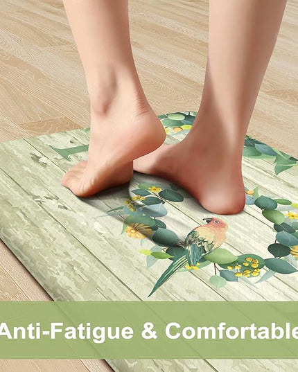KIMODE Anti Fatigue Kitchen Mats for Floor 2 Piece,Farmhouse Spring Rugs Non Slip,Cushioned Memory Foam Carpet for Sink Laundry Office Bathroom,Green 17"x47"+17"x29"