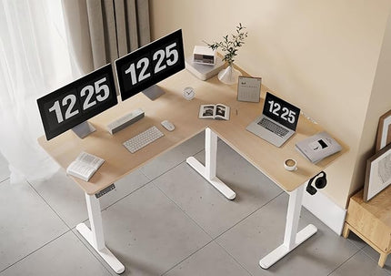 Claiks L Shaped Standing Desk Adjustable Height, Dual Motor Electric Corner Standing Desk, 63x55 inch Sit Stand up Desk with Splice Board, Nature