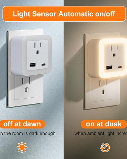 JackonLux Night Lights Plug Into Wall 2 Pack Rechargeable Battery Backup Light Dusk to Dawn Sensor Night Light with Outlet Expander for Adults Kids Bedroom, Kitchen, and Bathroom (Soft White - 3000K)
