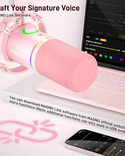 MAONO XLR/USB Dynamic Microphone Kit, RGB Gaming Mic with Software, Mute, Gain Knob, Volume Control, Boom Arm for Streaming, Podcasting, Voice-Over, Recording-PD200XS Pink