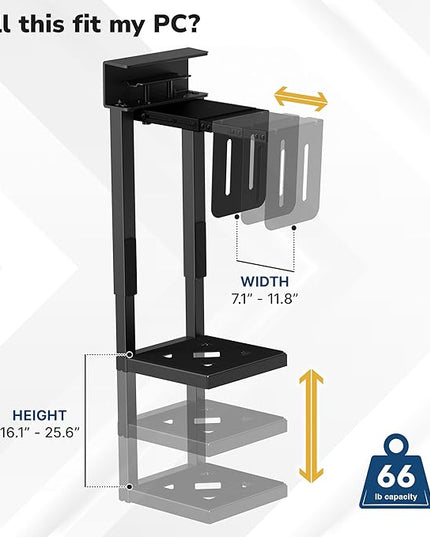 Mount-It! Under Desk PC Mount for Standing Desk, Heavy-Duty Clamp-On CPU Holder, Adjustable Computer Tower Mount for Desk, No-Drill, 66 lb Capacity, Fits Mid & Full Towers
