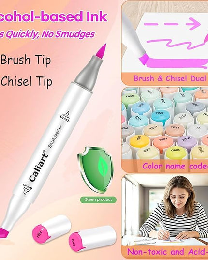 Caliart Markers Brush & Chisel, 18 Colors Alcohol Markers for Adult Coloring Book, Dual Tip Art Pen Set for Artist Illustration Sketch Drawing Gift