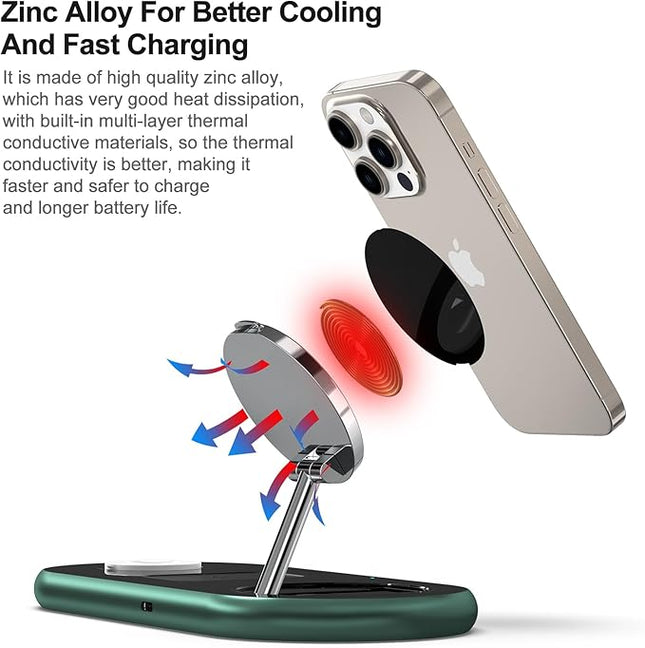 3 in 1 Charging Station for Apple Devices, Faster Mag-Safe Charger Stand, Magnetic Wireless Charger Station for iPhone 17 16 15 14 13 12 Pro Max Plus, Apple Watch iwacth & AirPods, (Alpine Green)