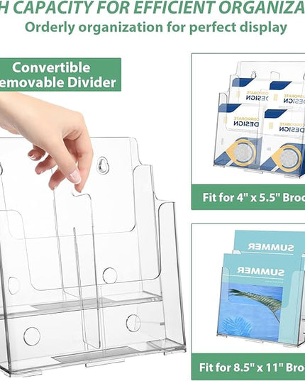 2 Pack 2 Tier Acrylic Brochure Holder 8.5x11 & 4 x9 Inches Wall Mount Brochure Display Stand Clear Pamphlet Holder Literature Holder Plastic Flyer Holder for Trifold, Magazine, Document