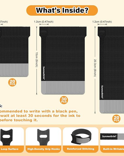 70 Pack Black Cable Ties Assorted Sizes (4, 6, 8 Inch) with Writable Labels, Reusable Cord Organizer Straps, Hook & Loop Wire Management for PC Desk Setup, Home Office & Electronics