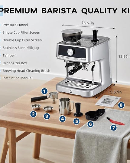 20 Bar Espresso Machine with Built-in Grinder, Stainless Steel Coffee Maker with Milk Frother Steam Wand, 1.5L Removable Water Tank, Adjustable Shot Volume for Home & Office