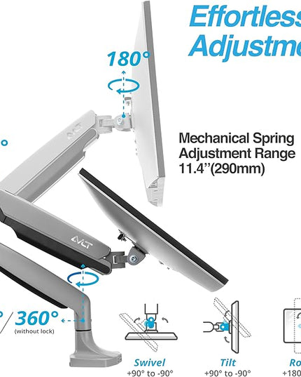AVLT Single 17"-45" Monitor Arm Desk Mount Premium Mechanical Spring fits One Flat/Curved/Ultrawide Monitor Full Motion Height Swivel Tilt Rotation Adjustable, Gray