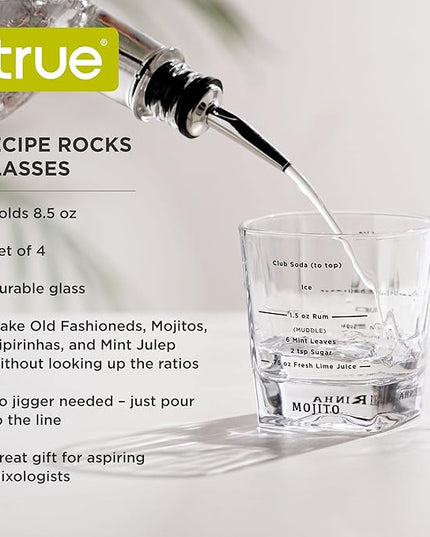 True Cocktail Rocks Glasses with Recipes for Old Fashioned, Mojito, Mint Julep & Caipirinha, Old Fashioned Glasses, Bar Glassware, 8.5 oz, Set of 4