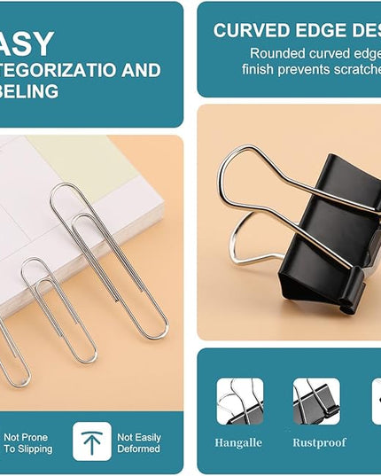 360 Pcs Paper Clips and Binder Clips Assorted Sizes, Large Medium Small Size Silver Paper Clips & Black Binder Clips with Container, for Office, Home, School Supplies