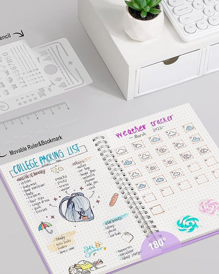 AHGXG Bullet Dotted Journal - Dot Grid Spiral Notebook A5, 160 Pages, 100 GSM Thick Paper, Waterproof Plastic Cover Journals for Bullet Journaling, Sketching, 5.7" x 8.3", Purple