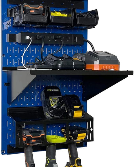 Wall Control Power Tool Storage Organizer Kit Cordless Drill Holder Charging Station Rack 16” x 32” Metal Pegboard Organization System (Blue Pegboard)