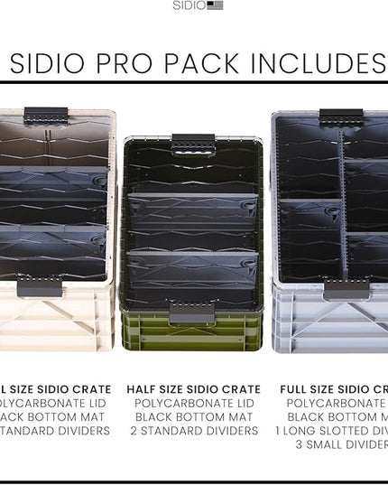 SIDIO CRATE Pro Pack - Two Full Size and One Half Size Heavy Duty Stackable Storage Bins, Totes and Containers with Lids and Dividers - Durable Organizer for Home, Office, Garage, and Outdoor Use