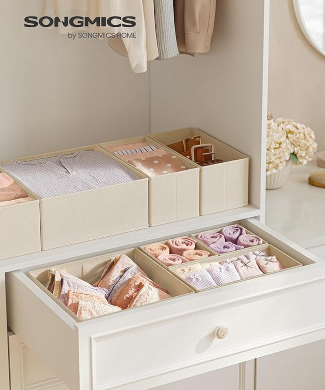 SONGMICS Drawer Organizers, Dresser Divider Organizers, Set of 12, Foldable Fabric Storage Boxes for Socks, Underwear, Bras, Ties, Scarves, Summer Sand URDZ006Y02