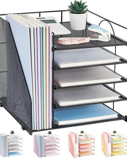LEKETREE Desk Organizers and Accessories, 5-Tier Paper Letter Tray Organizer with File Holder, Desktop Organizer for Office Supplies (Black)
