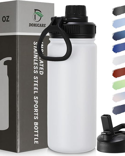 DOMICARE 16 oz Kids Water Bottle for School Stainless Steel Double Wall Vacuum Insulated Water Bottle with Straw lids & Spout Lid, Leakproof BPA Free (White,1)