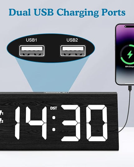 fomobest Wooden Digital Alarm Clock with Dual USB Charging Ports, DST, Dimmable, Snooze, Modern Large Time Display LED Clock for Kids Bedrooms, Living Room, Desk, Table, Bedside, Nightstand (Black)