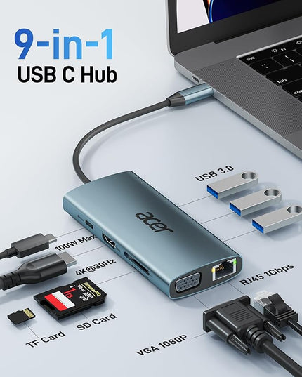 Acer USB C Hub with 4k HDMI, 9-in-1 USB C to Ethernet Adapter, 5Gbps USBA 3.0 Docking Station, VGA Splitter, SD Card Reader, PD 100W Charging for MacBook, Acer, Laptops, Surface and More