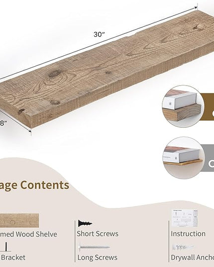 Floating Shelves, 8 Inch Deep Rustic Solid Reclaimed Wood Wall Shelves for Storage, Wall Mounted Display Shelving with Invisible Heavy-Duty Metal Bracket, 30 Inch Width Set of 2, Natural
