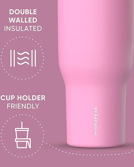 Hydrapeak Voyager 40 oz Tumbler with Handle and Straw Lid | Reusable Stainless Steel Water Bottle Travel Mug Cupholder Friendly | Insulated Cup (Bubblegum)